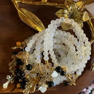 White and Black Iridescent Beaded Charm Bracelets